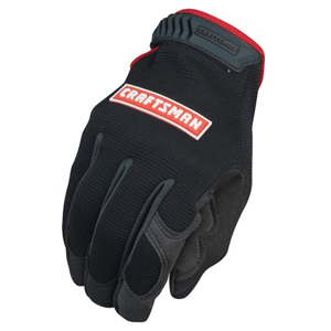 Black and red Craftsman work gloves featuring a textured grip, adjustable wrist strap, and reinforced fingertips for durability.