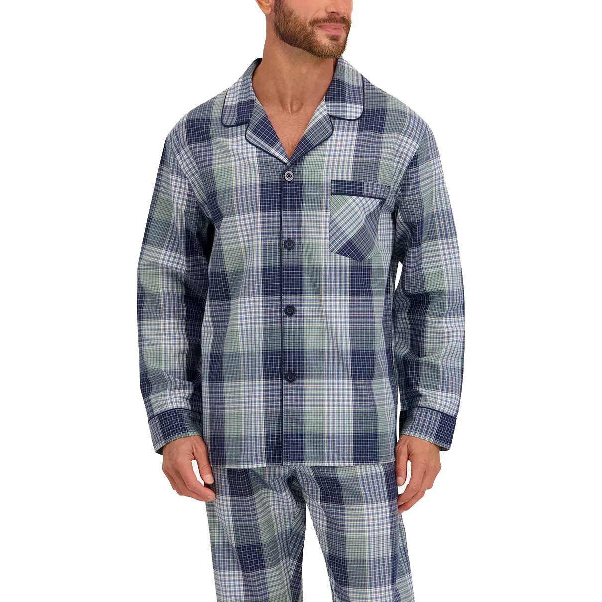 A man is wearing a long-sleeved, button-up, blue and white plaid pajama set with a chest pocket.