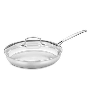 A Cuisinart Chef's Classic Skillet, stainless steel with a glass lid, featuring a long handle for easy grip. The transparent lid allows for monitoring cooking progress.