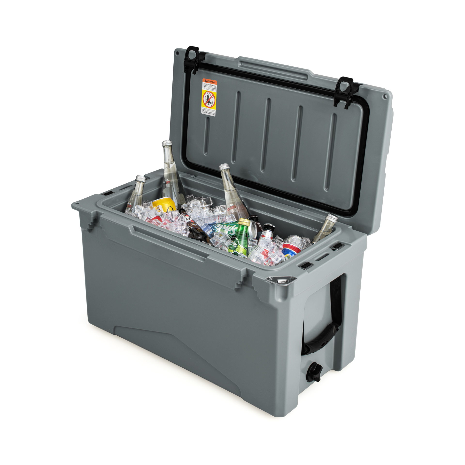 A large gray cooler filled with ice and various bottled and canned beverages, including soda and water, with its lid open and secured by two latches.