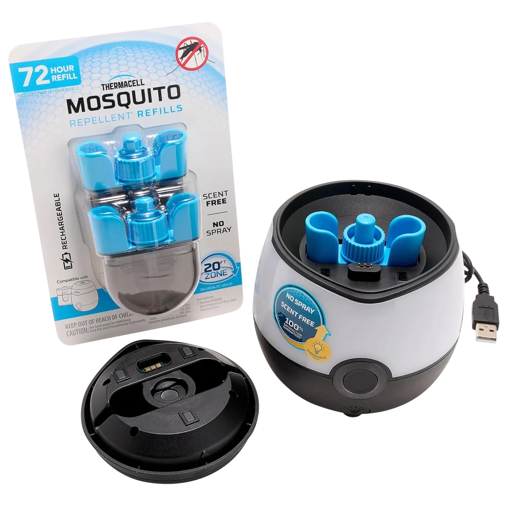 Thermacell mosquito repellent device and refill pack, offering a 72-hour refill with a 20-foot protection zone, scent-free and no-spray formula, equipped with USB charging.