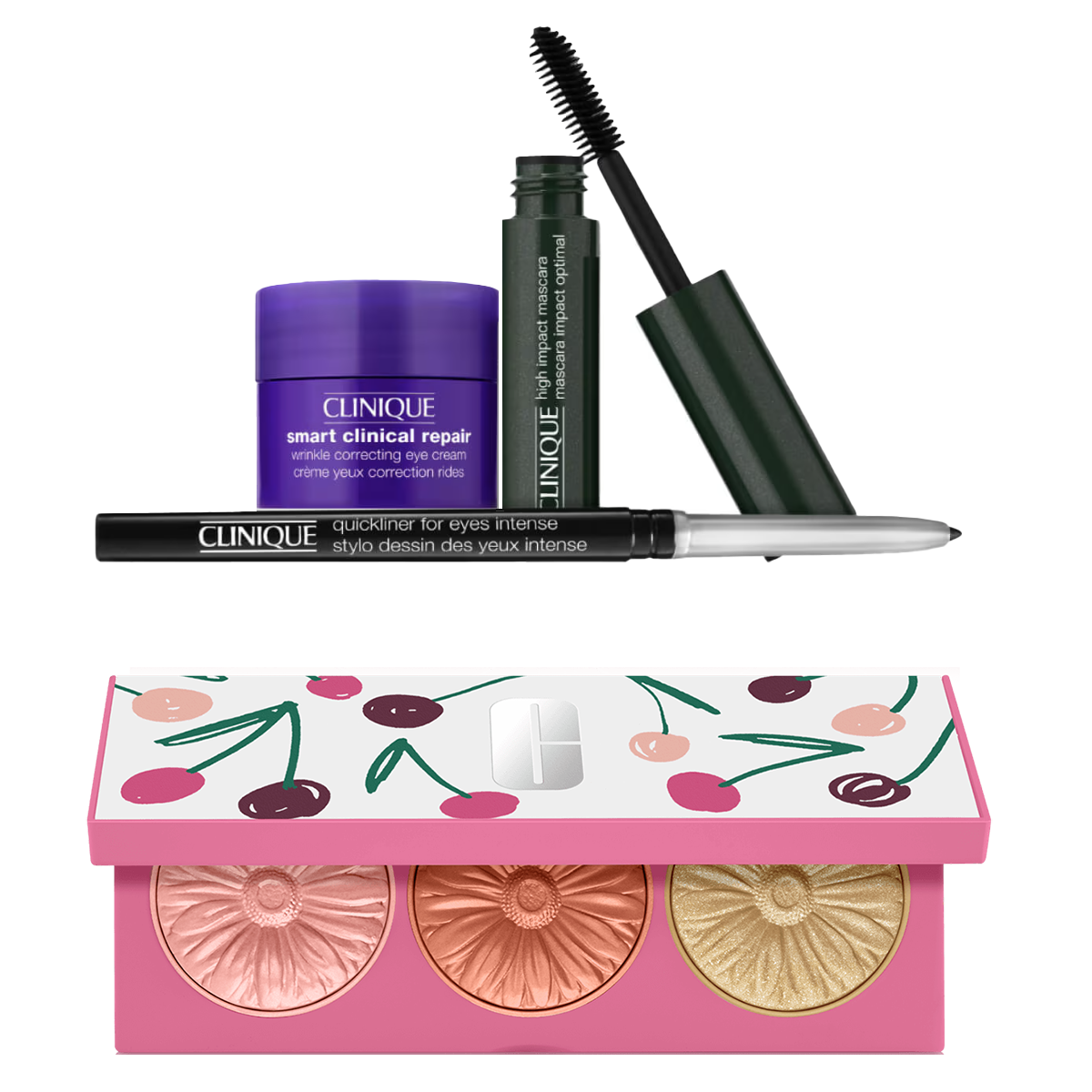 Clinique makeup set includes Smart Clinical Repair wrinkle-correcting eye cream, High Impact mascara, Quickliner for Eyes Intense, and a colorful blush palette with floral-patterned packaging.