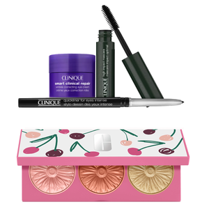 Clinique makeup set includes Smart Clinical Repair wrinkle-correcting eye cream, High Impact mascara, Quickliner for Eyes Intense, and a colorful blush palette with floral-patterned packaging.
