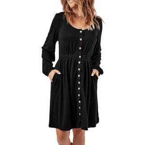 A knee-length black dress with long sleeves, button-up front, and an elastic waist. It features convenient side pockets and a scoop neckline, designed in a casual style.