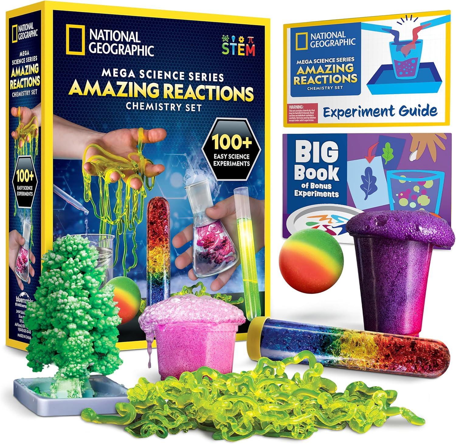 National Geographic Mega Science Series Amazing Reactions Chemistry Set includes over 100 easy experiments with supplies for activities like slime, colorful reactions, and crystal growth, featuring an experiment guide and bonus book.