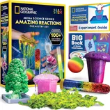 National Geographic Mega Science Series Amazing Reactions Chemistry Set includes over 100 easy experiments with supplies for activities like slime, colorful reactions, and crystal growth, featuring an experiment guide and bonus book.