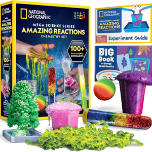 National Geographic Mega Science Series Amazing Reactions Chemistry Set includes over 100 easy experiments with supplies for activities like slime, colorful reactions, and crystal growth, featuring an experiment guide and bonus book.
