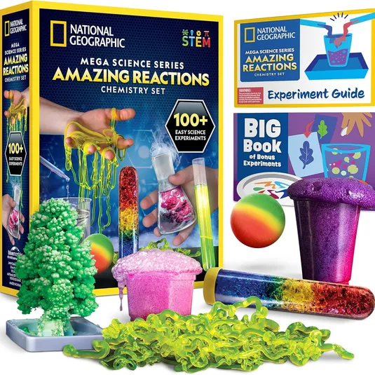 National Geographic Mega Science Series Amazing Reactions Chemistry Set includes over 100 easy experiments with supplies for activities like slime, colorful reactions, and crystal growth, featuring an experiment guide and bonus book.