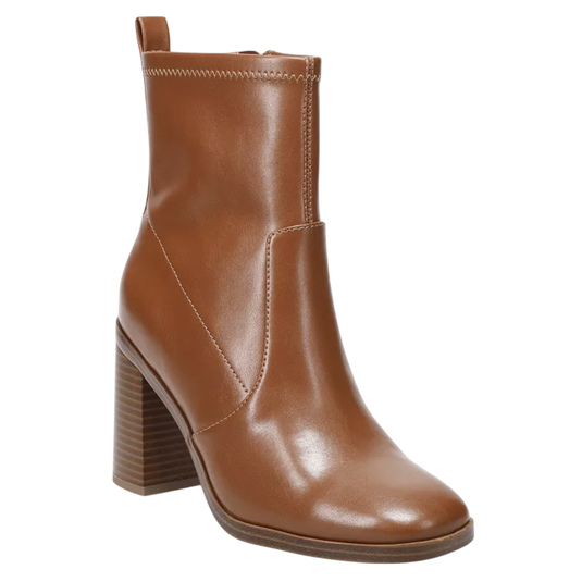 Brown ankle boot with a chunky block heel and side zipper.