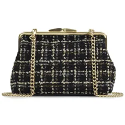 A tweed handbag with a black, white, and gold checkered pattern, featuring a gold chain strap and a metal clasp closure.