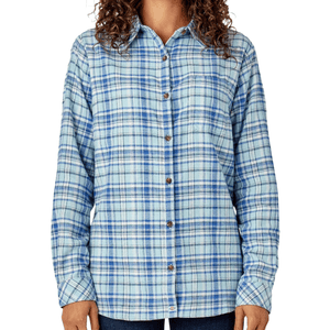 A long-sleeve, button-up shirt with a blue plaid pattern, featuring a collar and a single chest pocket.