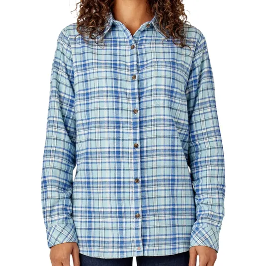 A long-sleeve, button-up shirt with a blue plaid pattern, featuring a collar and a single chest pocket.