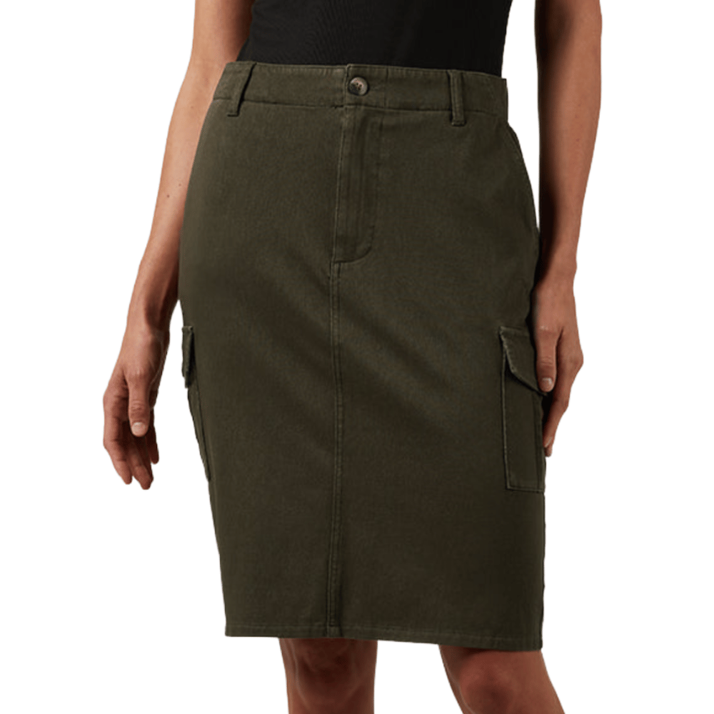 A knee-length, dark green cargo skirt featuring side pockets and front button closure.