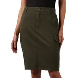 A knee-length, dark green cargo skirt featuring side pockets and front button closure.