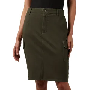 A knee-length, dark green cargo skirt featuring side pockets and front button closure.