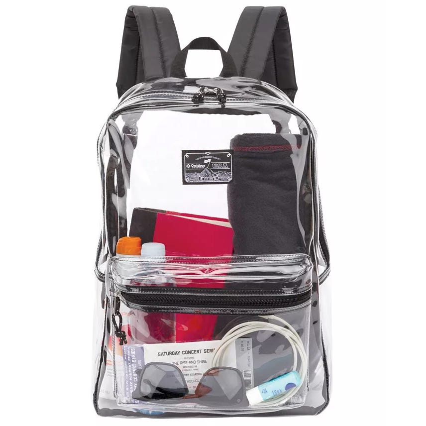 Clear backpack with black straps containing items like a towel, notebook, sunglasses, sunscreen, a ticket, and a coiled cable.