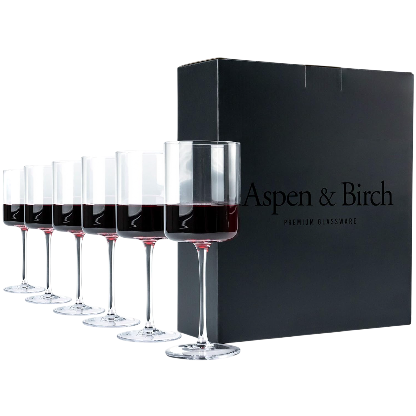 Set of six modern wine glasses with a straight-sided design, partially filled with red wine, alongside a black box labeled \“Aspen & Birch Premium Glassware.\“