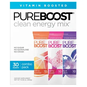 PureBoost Clean Energy Mix is a vitamin-boosted drink with no sugar, no sucralose, and claims no crash. The combo pack includes 30 packets in three flavors: Citrus Sunrise, Berry Boost, and Açaí Alert.