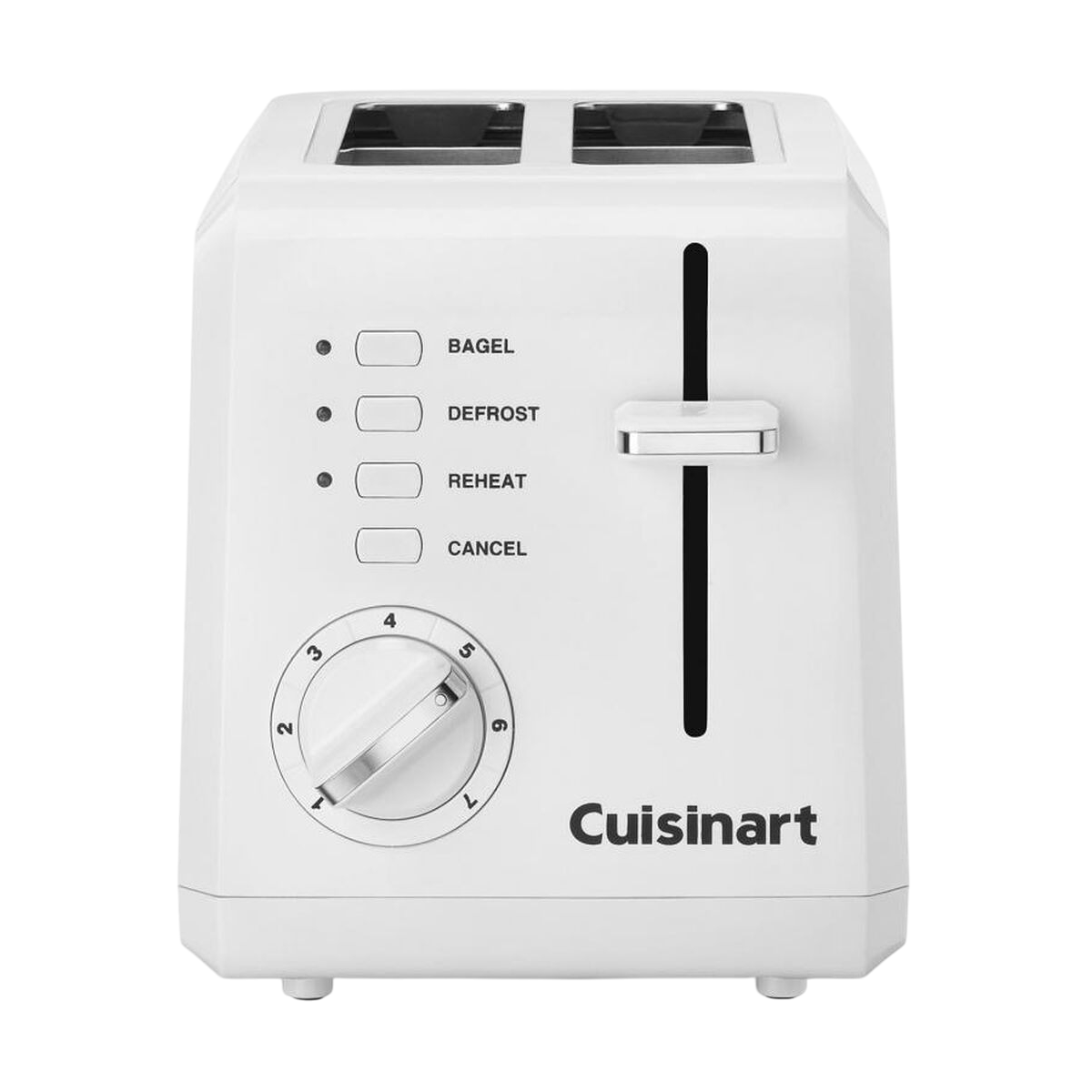 A white Cuisinart toaster with slots for two slices, featuring settings for bagels, defrost, reheat, and cancel, along with a browning control dial numbered 1 to 7.
