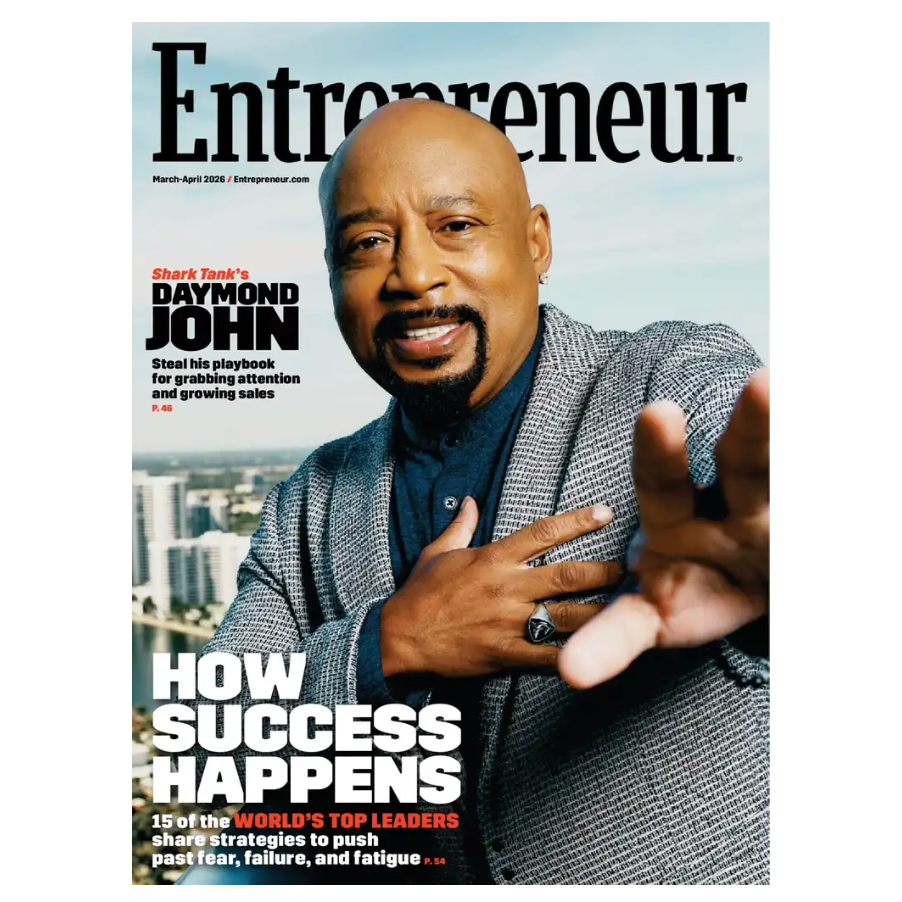 Entrepreneur magazine cover featuring a person associated with \“Shark Tank,\“ highlighting strategies for success and leadership insights. Issue: March-April 2026.