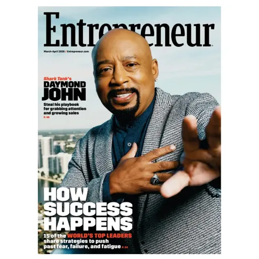 Entrepreneur magazine cover featuring a person associated with \“Shark Tank,\“ highlighting strategies for success and leadership insights. Issue: March-April 2026.
