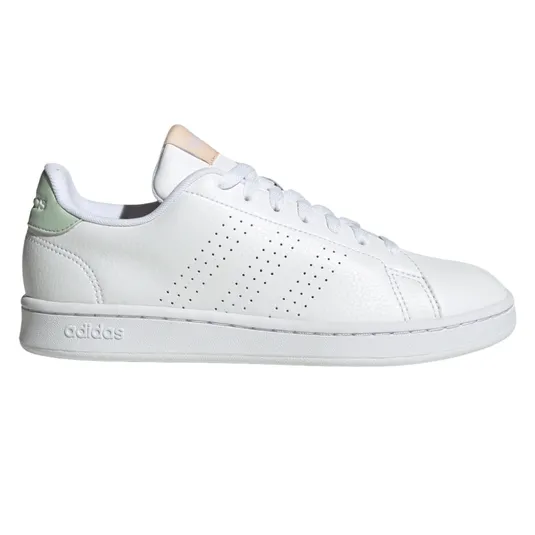 White Adidas sneaker with perforated stripes on the side, a beige tongue, and a mint green detail on the heel.