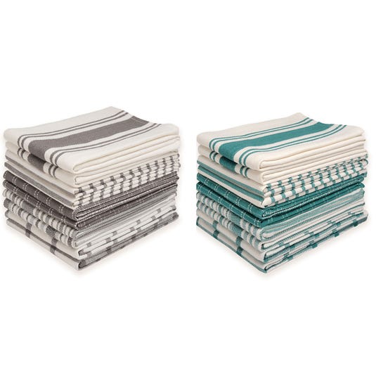 Two stacks of folded kitchen towels with stripes, one set in gray tones and the other in teal.