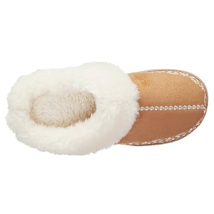 A brown slipper with white decorative stitching and a fluffy cream interior lining.