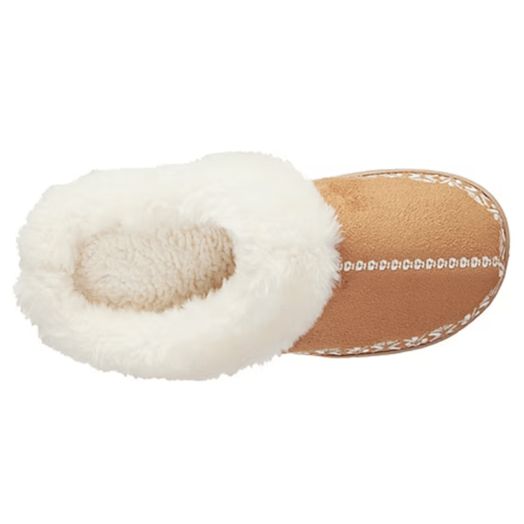 A brown slipper with white decorative stitching and a fluffy cream interior lining.