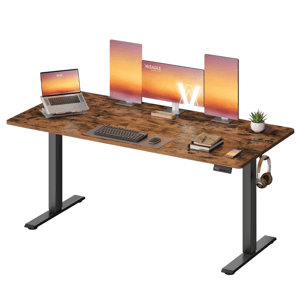Standing desk with a wood finish top, black adjustable legs, and multiple monitors. Includes a laptop, keyboard, mouse, plant, notebook, phone, and headphones.