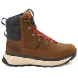 A brown leather hiking boot with red laces, quilted gray fabric around the ankle, and a black and tan sole. It features The North Face logo and \“DRYVENT\“ text on the side.
