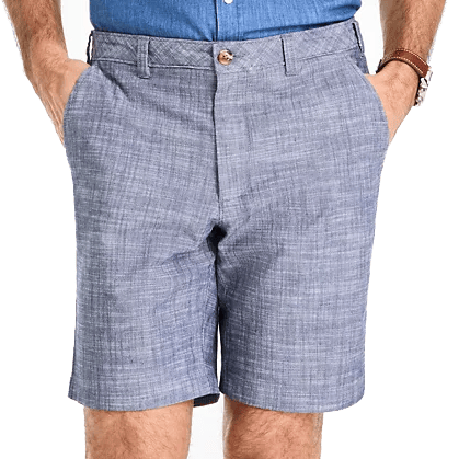 Men's chambray shorts in a light blue color with a textured appearance, featuring a button closure, belt loops, and two side pockets. The style is casual and ideal for warm weather.
