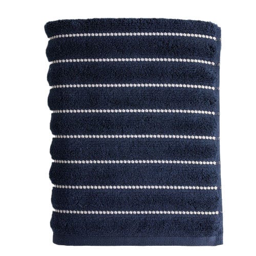 A navy blue towel with horizontal white stripes.