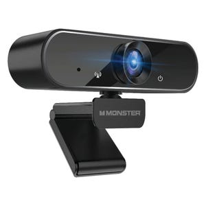 A black webcam with a built-in microphone and a clamp for mounting onto a screen.