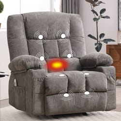 Plush massage recliner with integrated heating features, shown in a soft, dark gray fabric. It displays six massage points and a heating function highlighted by icons on the back, seat, and footrest, suggesting a focus on comfort and relaxation.