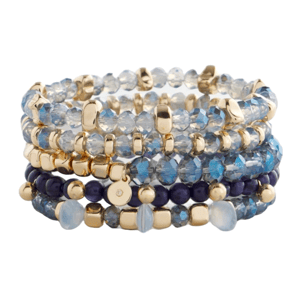 A set of five stretch bracelets featuring blue and gold beads with varying transparency and shine. The bracelets are layered, showing a combination of faceted and smooth beads, creating a textured, elegant look.