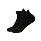 A pair of black ankle socks with ribbed cuffs and subtle text on the toe area, set against a plain gray background.