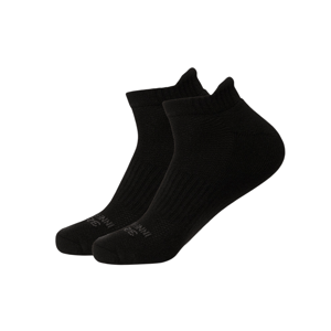 A pair of black ankle socks with ribbed cuffs and subtle text on the toe area, set against a plain gray background.