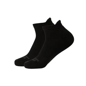 A pair of black ankle socks with ribbed cuffs and subtle text on the toe area, set against a plain gray background.