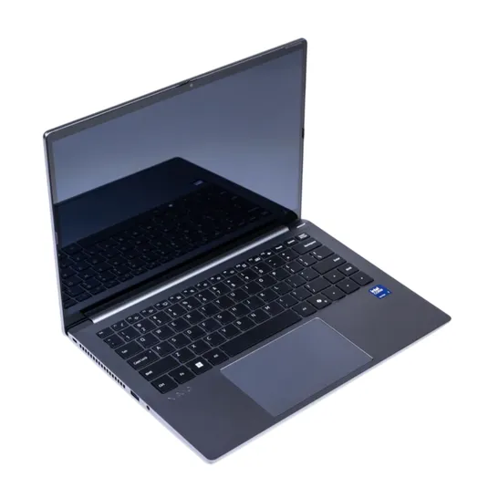 A sleek laptop with a black keyboard, a large trackpad, and an Intel Core i7 sticker on the palm rest. The screen is partially reflecting the keyboard.