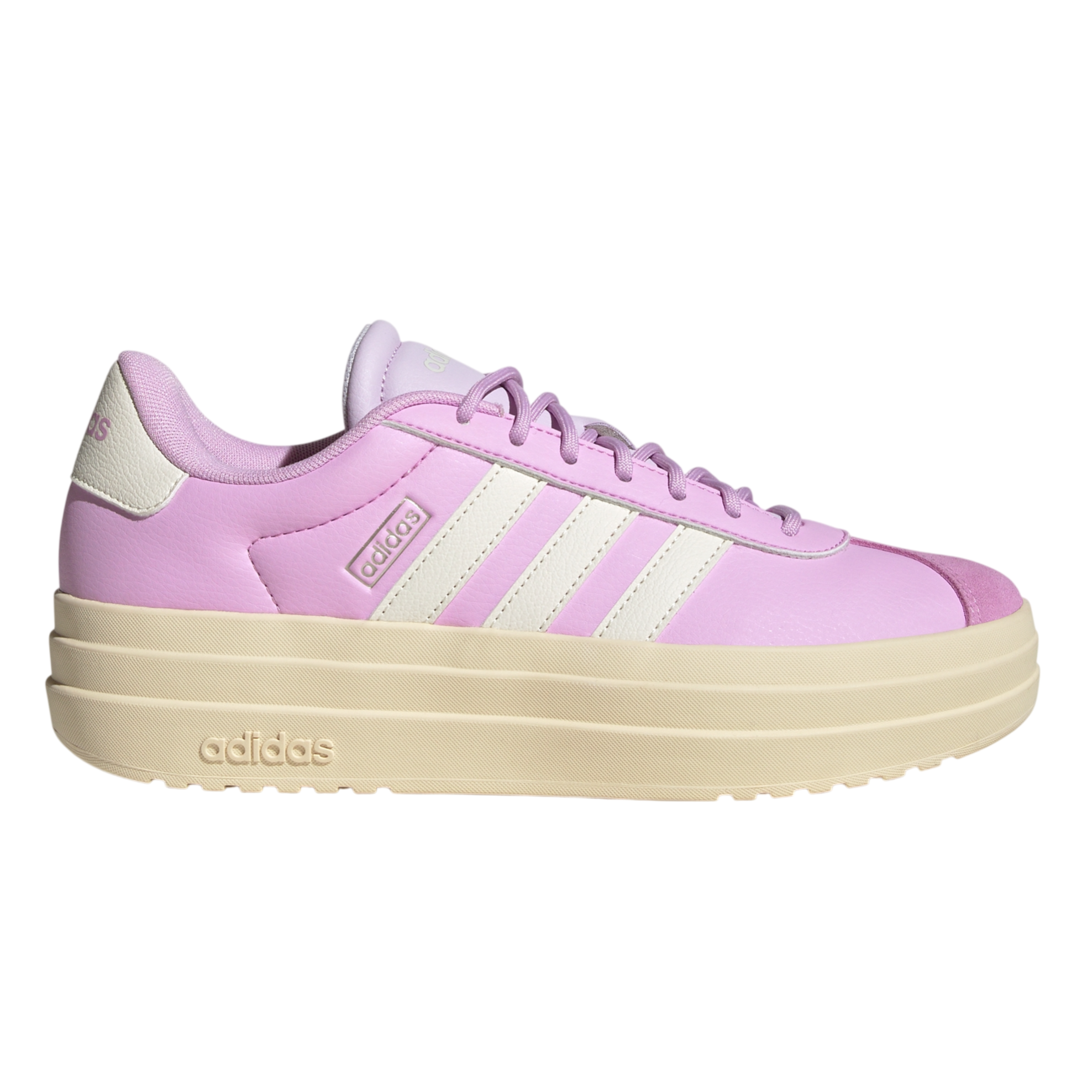 Pink Adidas platform sneaker with cream midsole and the signature three stripes on the side.