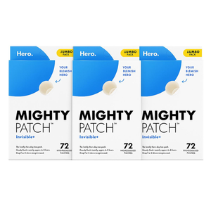 Three boxes of Mighty Patch Invisible+ blemish patches by Hero, each containing 72 hydrocolloid patches, positioned side by side.