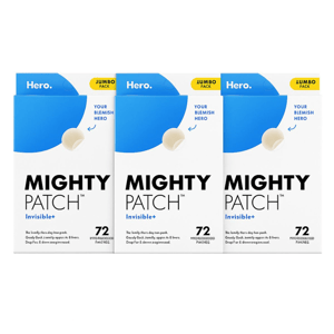 Three boxes of Mighty Patch Invisible+ blemish patches by Hero, each containing 72 hydrocolloid patches, positioned side by side.