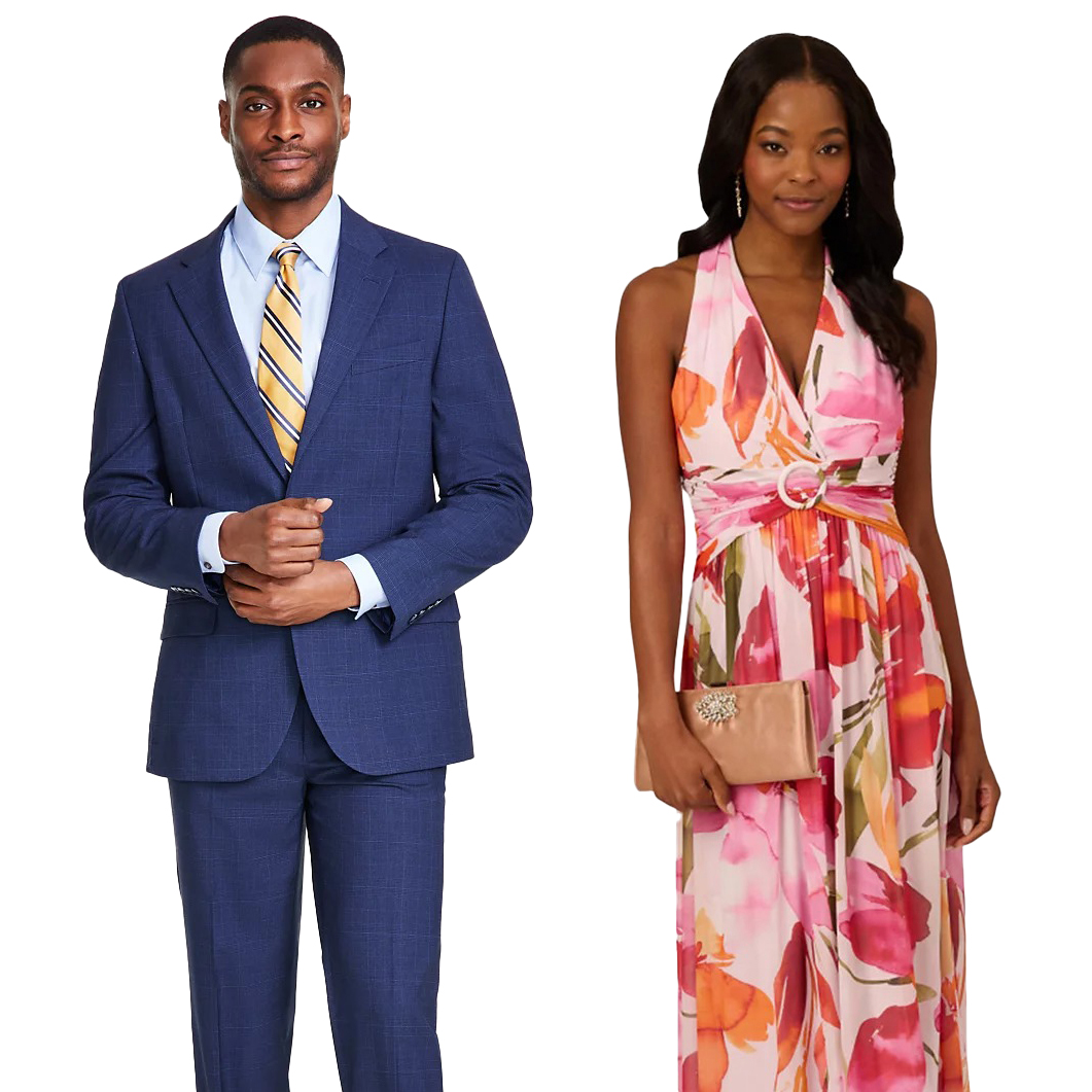 A man in a blue suit with a striped yellow tie and a woman in a pink floral halter dress holding a beige clutch.