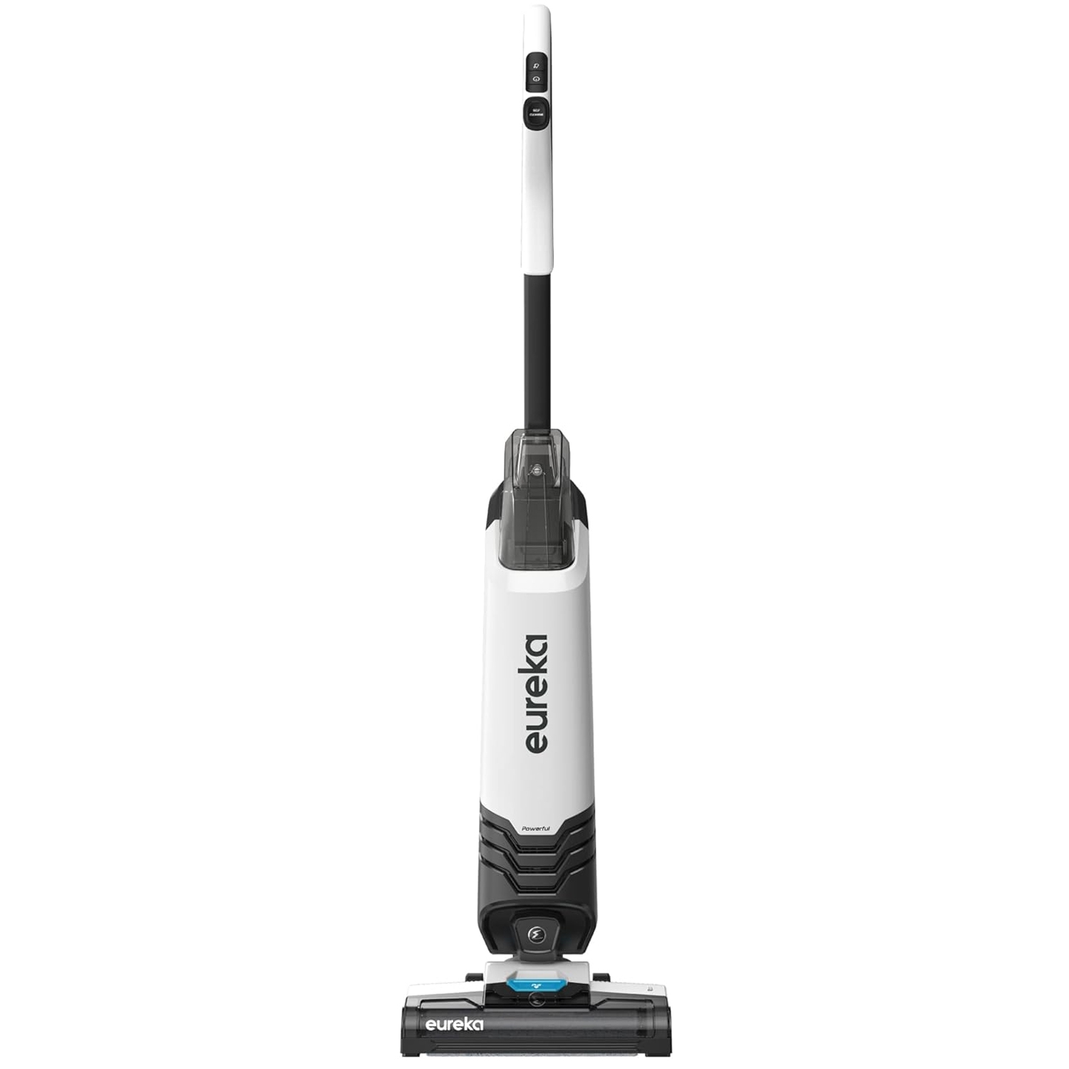 Eureka Wet Dry Vacuum, a sleek, upright design for versatile floor cleaning, features a clear water tank and a switch on the handle for easy operation.