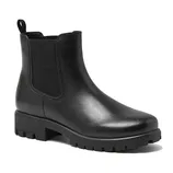Black Chelsea boot with elastic side panels and a rugged lug sole.