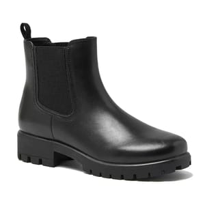 Black Chelsea boot with elastic side panels and a rugged lug sole.