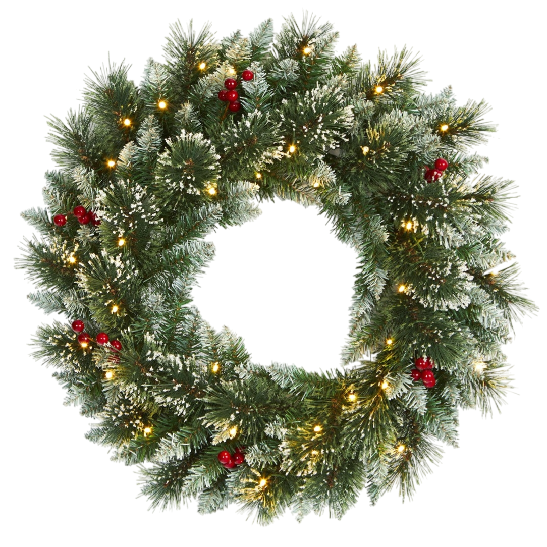 A festive green wreath adorned with red berries, soft white flocking, and small warm white lights, suitable for holiday decoration.