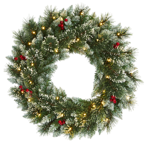 A festive green wreath adorned with red berries, soft white flocking, and small warm white lights, suitable for holiday decoration.