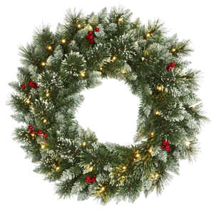 A festive green wreath adorned with red berries, soft white flocking, and small warm white lights, suitable for holiday decoration.